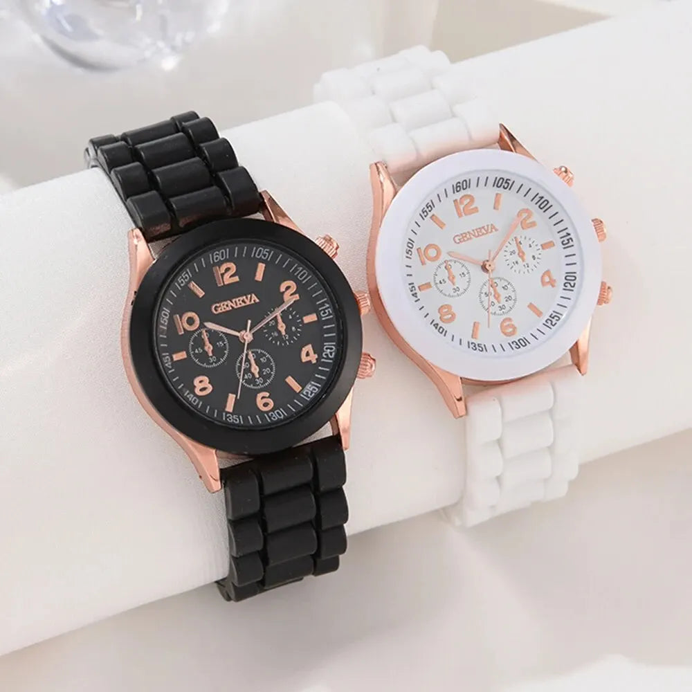 2Pcs Luxury Women's Watch Set Fashion Luxury Elegant Alloy Wristwatch Silicone Strap Couple Watch Men Quartz Holiday Gifts